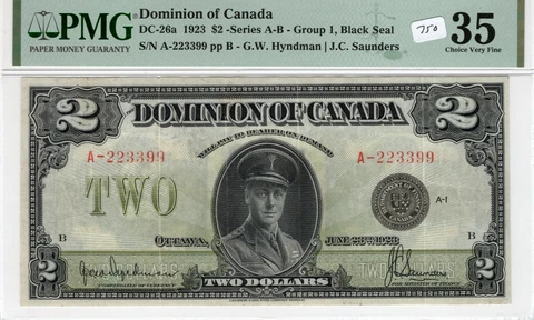Canada 1923 $2 PMG Certified Banknote VF 35 DC-26a CBNC Black Seal Hyndman Cover