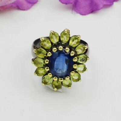 Kyanite Ring 925 Sterling Silver Natural Gemstone Peridot Daisy FLORAL Jewelry - Image 1 of 4