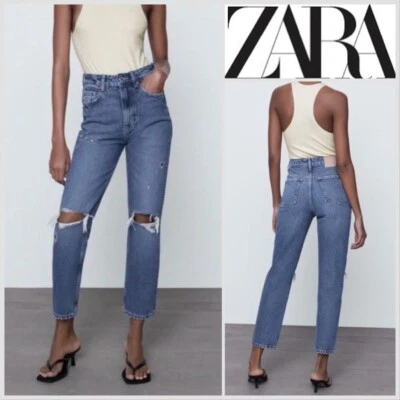 ZARA Blue Classic Mom Jeans UK 12 EU40 High Waisted Distressed Ripped NEW + Tags - Image 1 of 4