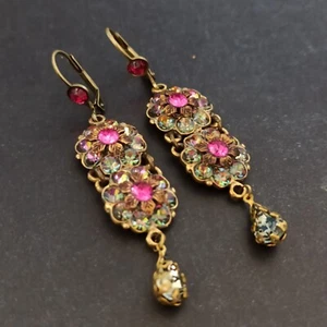 Michal Negrin Earrings Colorful AB Crystals Long Pink Cocktail Statement Gift - Picture 1 of 18