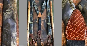 VTG CAS JACQUARD BLUE-GRAY GOLD LEAVES SUSPENDERS BRACES REAL SNAKESKIN EUC - Picture 1 of 10