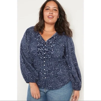 Blusa antigua azul marino para mujer azul cachemira campesina de gran tamaño corbata frontal talla M, boho Foto 1 de 4