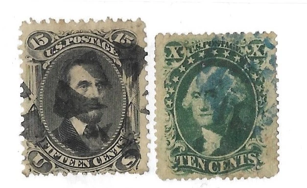 US Stamps 1857-63 #32 10c Washington  green #77 15 c Lincoln Used - Image 1 of 1