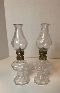 2 lampes à huile miniatures vintage 6,75" en verre transparent base octogonale sablier *sans mèche* - Photo 1/4