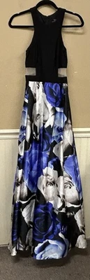 Blondie Nites Black Blue Floral Full-Length Evening Ball Gown Prom Dress Size 3 - Image 1 of 4