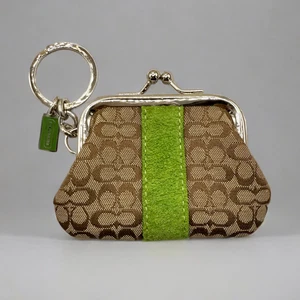 Coach Brown Signature Green Suede Mini Kisslock Keychain Key Ring Bag - Picture 1 of 5