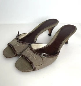 Vintage PRADA Milano Leder Canvas Slipper Kitten 2 3/8" H Heels braun Gr. 36,5 - Bild 1 von 16