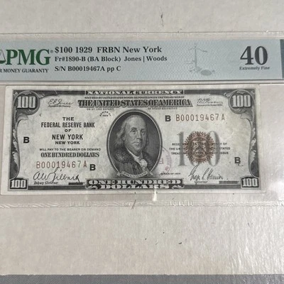 $100 1929 FRNB New York Fr#1890-B(BA Block)PMG 40  Jones/Woods XF S/N B00019467A - Image 1 of 4