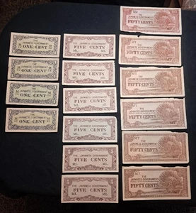WW2 Japanese Invasion Money 1 Cent (4) 5 Cent (6) and 50 Cent (6) - Picture 1 of 13
