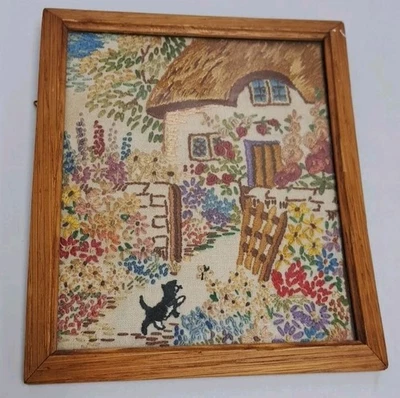 Vintage hand embroided picture cottage garden Signed by Pamela Rose 1952 - Image 1 of 4