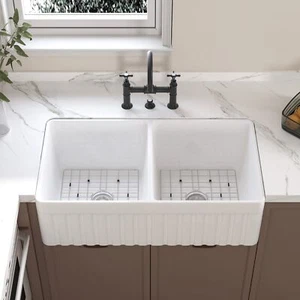 33" x18'' Double Bowl Kitchen White Farmhouse Sink Ceramic Basin Basket Strainer - Picture 1 of 13
