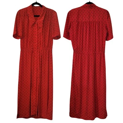 1990s Liz Claiborne Vintage Red Collared A-Line Midi Dress Button Closure, Slits - Image 1 of 4