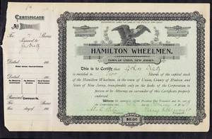 HAMILTON WHEELMEN EARLY NJ BIKE CLUB 1903 UNION NEW JERSEY SHARE CERTIFICATE - Bild 1 von 2