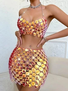 Sexy Pearl Sequin Skirt Set for Women Music Festival Outfit Fashion Party Wear - Picture 1 of 6