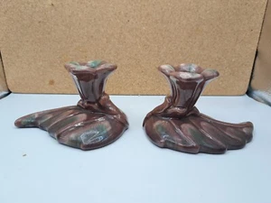 Royal Haeger Leaf Candleholders SET OF 2 Mauve & Green MCM Vintage - Picture 1 of 5