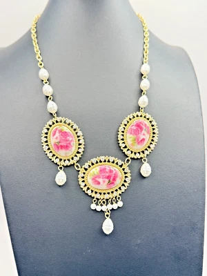Renaissance Revival Shabby Rose Faux Porcelain Necklace Vintage Style - Image 1 of 4