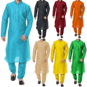 Men's Kurta Pyjama Set Dupion Silk Traditional Churidar Wedding & Any Occasion - Picture 1 of 62