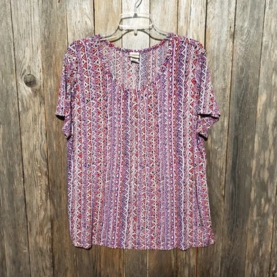 Blusa Top Covington XL Púrpura Rosa Geo Mangas Cortas Elastizada Tejida Boho Retro Foto 1 de 4