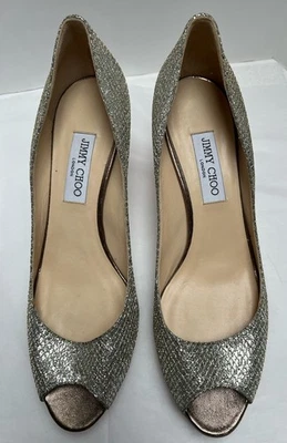 Jimmy Choo Gold Silver Bronze Leather Peep Toe Pumps 3” Heel Sz 42 US 11 - image 1 of 4