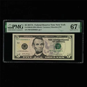 2017A Federal Reserve Note New York 5 Dollars Fr#1998-B PMG 67 EPQ UNC - Picture 1 of 4