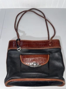 BRIGHTON HANDBAG Brown Croc Embossed Trim Black Leather Purse - Picture 1 of 8