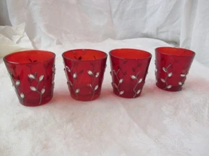 Vintage 4 rote Glas Weihnachtswindlichter mit silbernen Ranken & Strass #50 - Bild 1 von 3