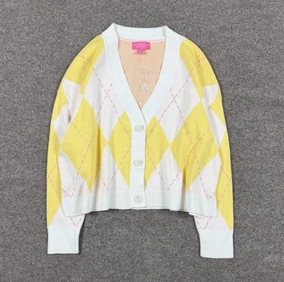 Nuevo con etiquetas Cárdigan Suéter Isaac Mizrahi Blanco Amarillo Argyle Cuadrado Cuello en V Para Mujer Mediano Foto 1 de 4