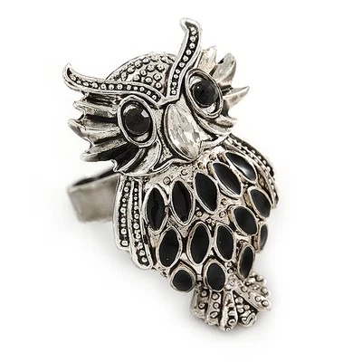 Anillo de búho en tono plateado metal con detalles esmalte negro - 30 mm L - tamaño 7/8 - Foto 1 de 4
