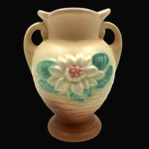 Vintage HULL Art Pottery Water Lily L-1 Double 2 Handled Vase 5 1/2" Pink Green - Picture 1 of 9