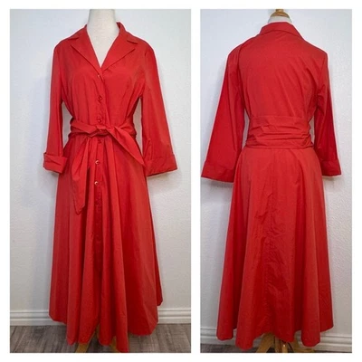 J Peterman женщин кнопка спереди рубашка миди платье размер 12 коралл красный подпоясанный хлопок - Изображение 1 из 4