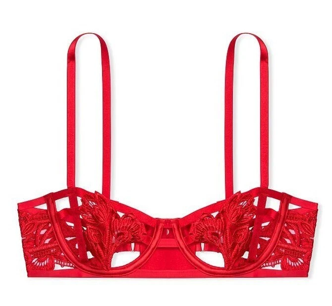 $70 VICTORIAS SECRET VERY SEXY STRAPPY EMBROIDERED OPEN CUP UNLINED BALCONET BRA - Image 1 of 1