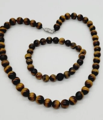 Juego de collar y pulsera con cuentas de piedra pulida ojo de tigre marrón Foto 1 de 4
