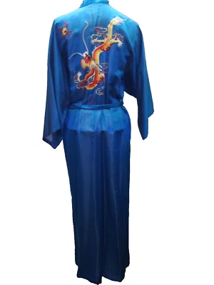 Bata asiática bordada dragón rojo amarillo seda azul vintage bordado M Foto 1 de 4