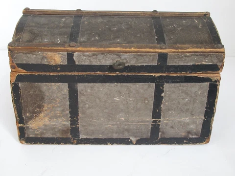 Antique Small 8 1/2" Dome Top Trunk , Documents Box Wood Paper Covered c. 1890 Cover
