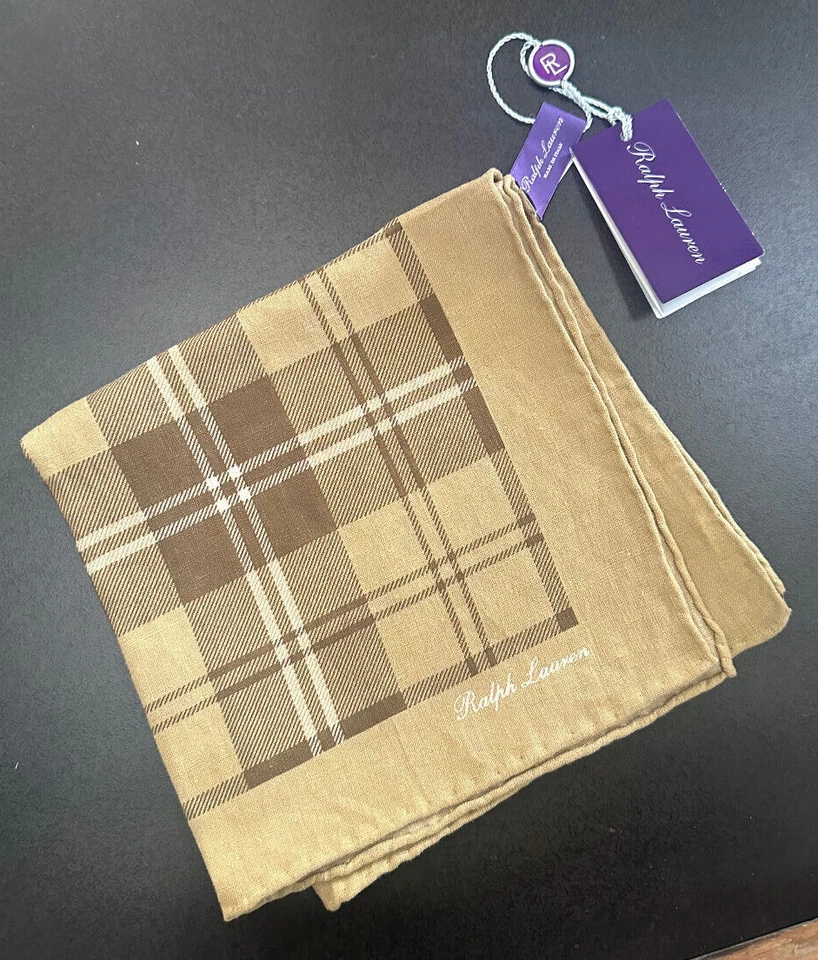 Ralph Lauren Purple Label Pocket Square Tan Brown Plaid 100% Linen Italy $165 - Image 1 of 4