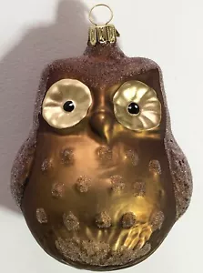 RETRO BROWN GLITTER BARN OWL GERMAN BLOWN GLASS CHRISTMAS TREE ORNAMENT GERMANY - Picture 1 of 6