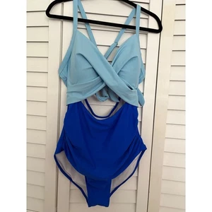 Blue Criss Cross One Piece Swimsuit Ruched Tummy Control sz XL SUMMER SWIM BEACH - Picture 1 of 6