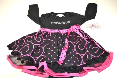Nuevo Vestido Bebé Pequeña Diva 12-18 Meses Negro y Rosa "Fabuloso" Estrás Foto 1 de 4