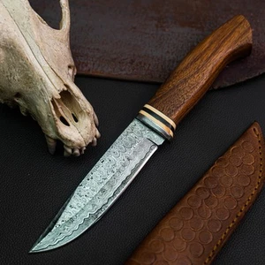 Wild Blades 10" Half Tang Hunting Knife Handmade EDC Damascus + Leather Sheath - Picture 1 of 12