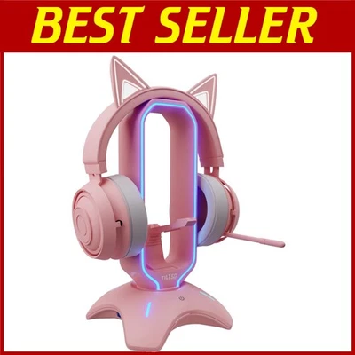 Soporte para auriculares RGB rosa con mouse elástico y concentrador USB Foto 1 de 4