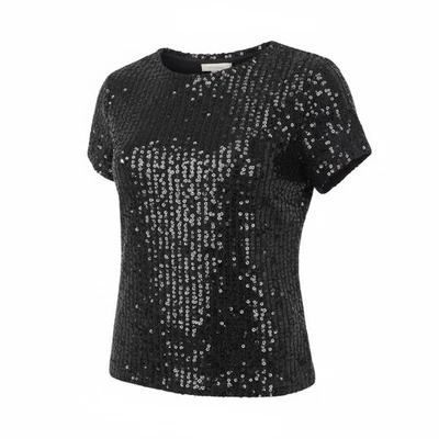 Blusa Top Fiesta Diane Gilman Negra Lentejuelas Manga Corta Seda Foto 1 de 4