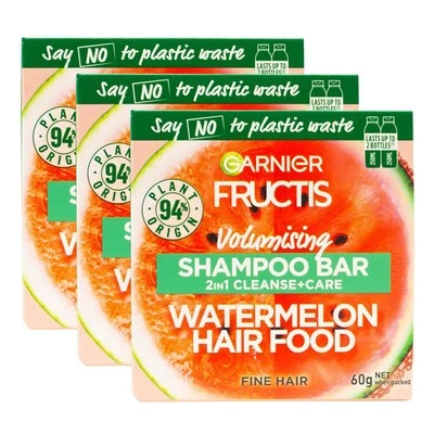3PK Garnier Fructis 60g Fine Hair Shampoo Bar Volumising Cleanse Care Watermelon - image 1 of 3