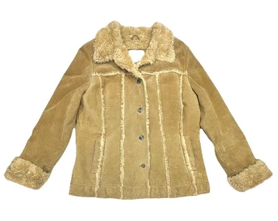 Vtg Wilsons Leather Jacket Tan Suede Faux Fur Sherpa Penny Lane Y2K Womens XL - Image 1 of 4