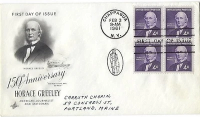 2 '61 FDCs 150th Anniversary of Horace Greeley American Journalist SC#1177 B4 - Image 1 of 2