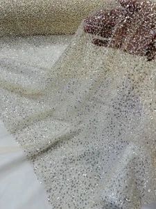 Beaded Sequins Pearl Fabric Clear on Beige Embroidered Pearl Sequins Fabric Yard - Picture 1 of 5