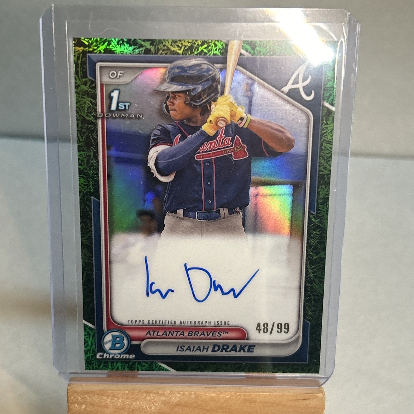Isaiah Drake 2024 Bowman Chrome 1st Green Grass auto /99 Atlanta Braves