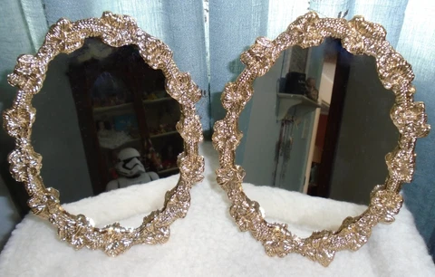 Vintage Ornate Gold Metal Framed VANITY MIRRORS PAIR Standing Dressing Table Top Cover