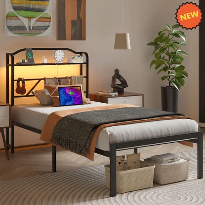 Doble Metal LED Marco Cama Cabecero Almacenamiento USB Estación de Carga Cama con Luz Foto 1 de 4