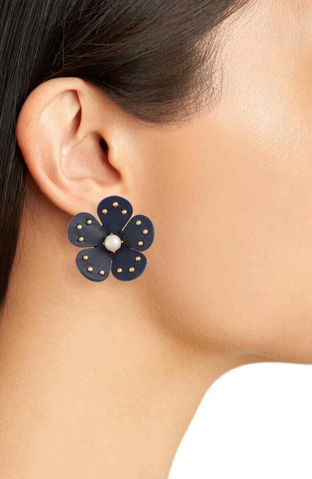 Kate Spade Earrings Blooming Bling Navy Leather Pearl Gold Studs Wbrug045