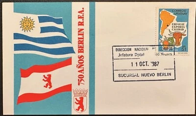 1987 Uruguay #1241(FDC??) Nuevo Berlin Cancel; map, animal, Germany, flags *d - Image 1 of 2